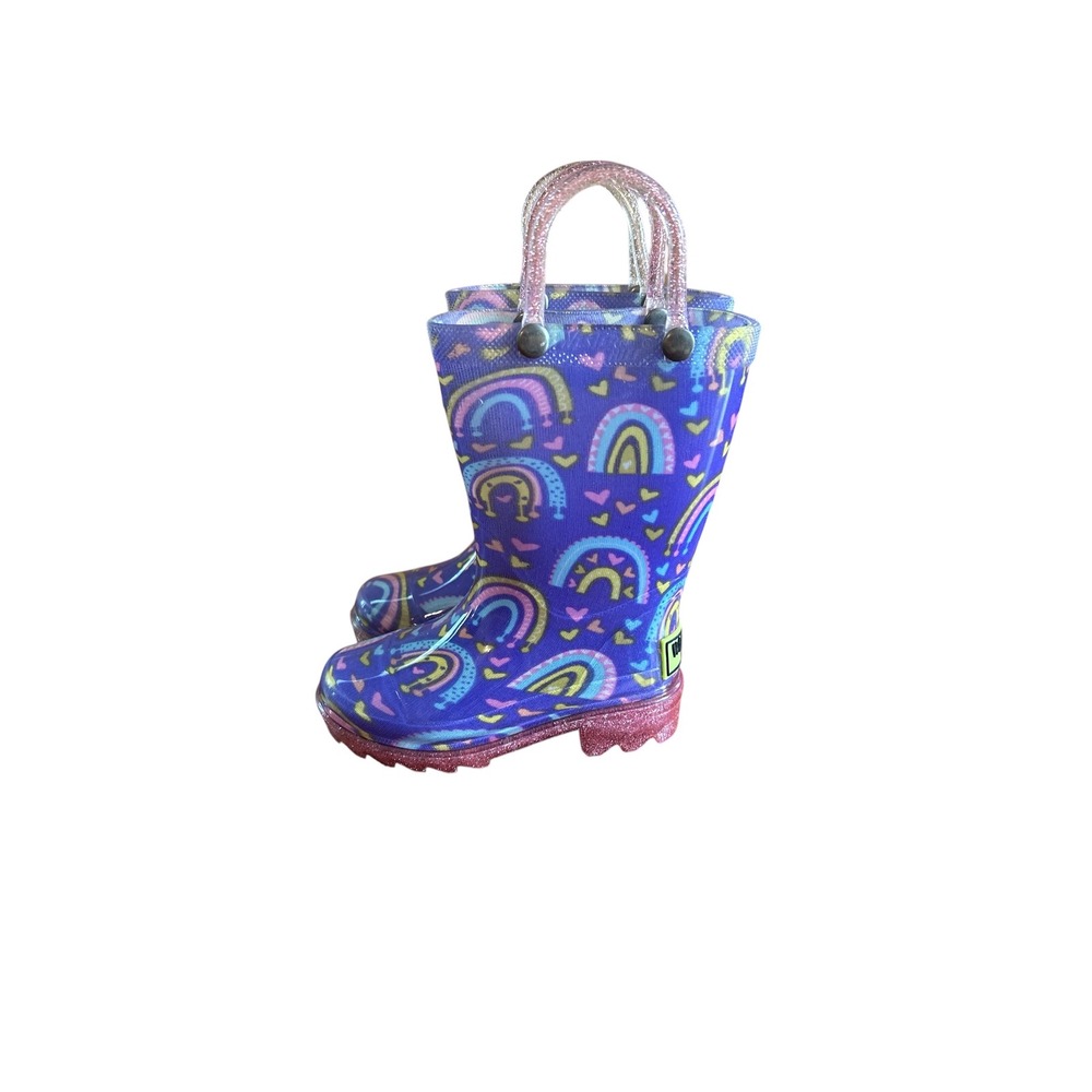 WestKids Purple Rainbow Hearts Rain Boots Glitter Sole Light Up Little Girls 5
